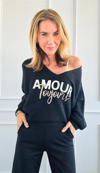 Amour Toujours V-Neck Italian Knit Sweater- Black-140 Sweaters-Italianissimo-Coastal Bloom Boutique, find the trendiest versions of the popular styles and looks Located in Indialantic, FL