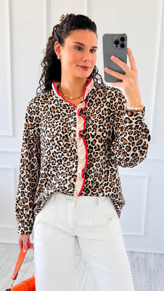 Contrast Ruffle Leopard Print Blouse