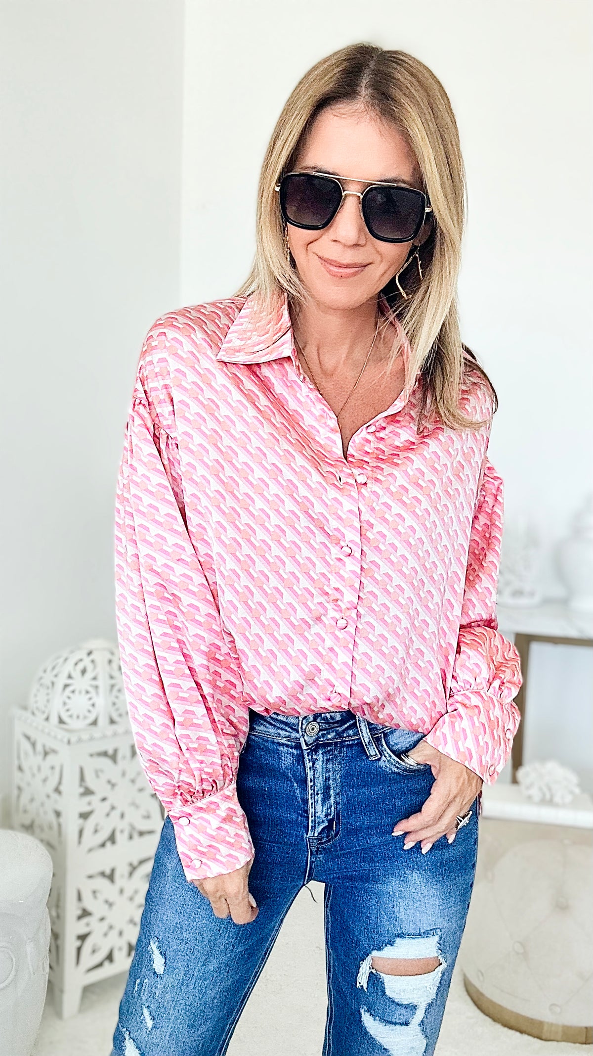 Pink Sunset Satin Button Up Blouse - Pink-130 Long Sleeve Tops-Fate By LFD-Coastal Bloom Boutique, find the trendiest versions of the popular styles and looks Located in Indialantic, FL