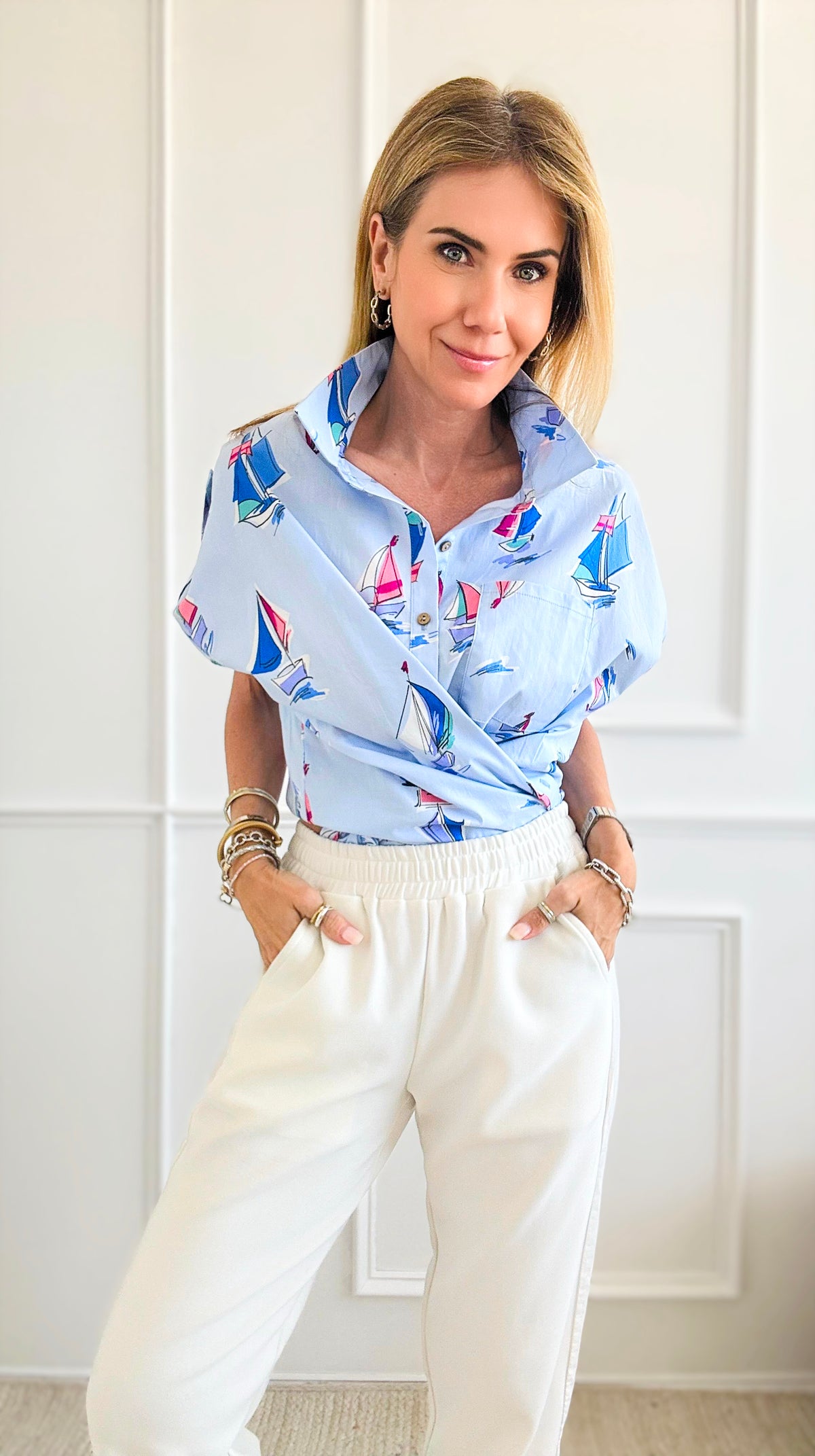 Marine Sailboat Print Top - Light Blue-110 Short Sleeve Tops-Easel-Coastal Bloom Boutique, find the trendiest versions of the popular styles and looks Located in Indialantic, FL