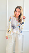 Evil Eye Italian St Tropez Knit- Light Grey-140 Sweaters-Italianissimo-Coastal Bloom Boutique, find the trendiest versions of the popular styles and looks Located in Indialantic, FL