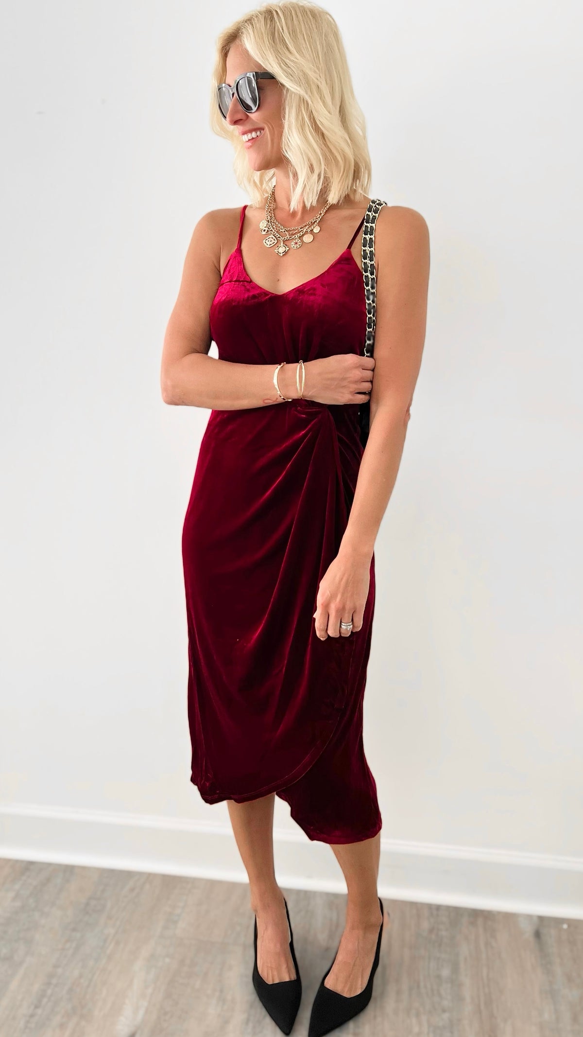 Winter Delight Velour Knotted Midi Dress - Red-200 dresses/jumpsuits/rompers-HYFVE-Coastal Bloom Boutique, find the trendiest versions of the popular styles and looks Located in Indialantic, FL