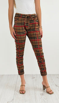 Plaid Wish List Italian Joggers- Camel-pants-Italianissimo-Coastal Bloom Boutique, find the trendiest versions of the popular styles and looks Located in Indialantic, FL