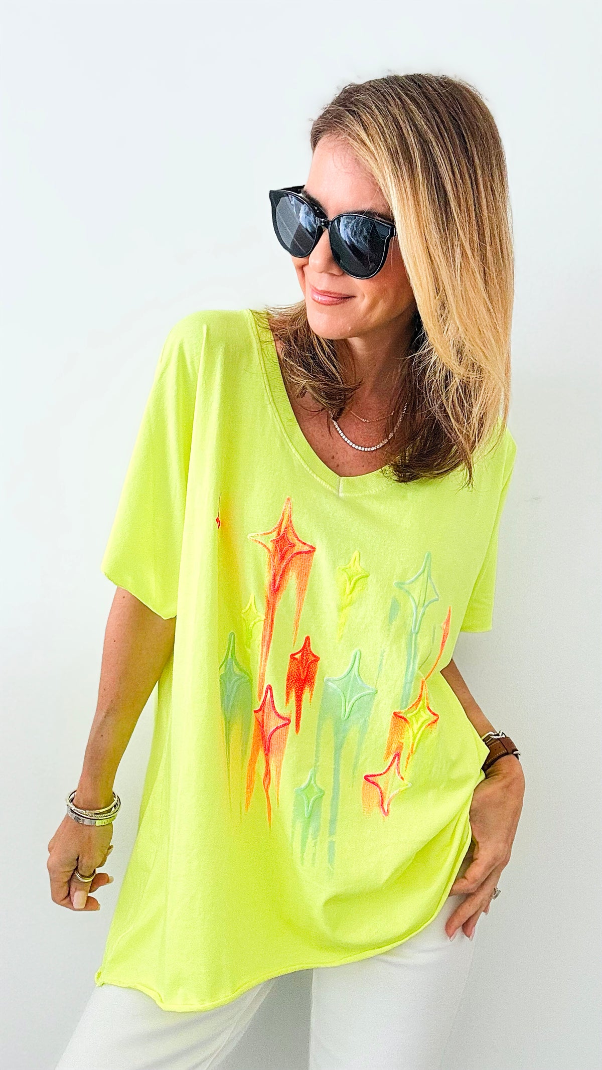 Starburst Italian Tee - Neon Yellow-110 Short Sleeve Tops-Italianissimo-Coastal Bloom Boutique, find the trendiest versions of the popular styles and looks Located in Indialantic, FL