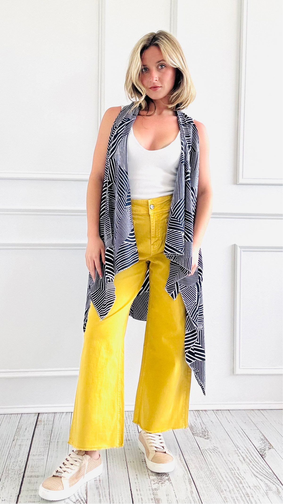 Geo Lines Open Drape Vest-150 Cardigans/Layers-Designer House-Coastal Bloom Boutique, find the trendiest versions of the popular styles and looks Located in Indialantic, FL