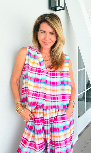 Sunshine Plaid Italian Sleeveless Top- Fuchsia
