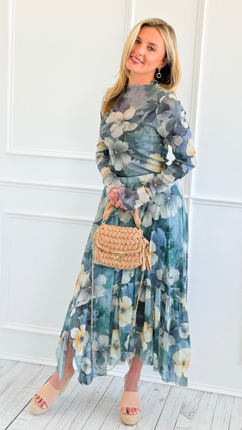 Romantic Garden Midi Skirt-Cloud Grey-170 bottoms-EASEL-Coastal Bloom Boutique, find the trendiest versions of the popular styles and looks Located in Indialantic, FL