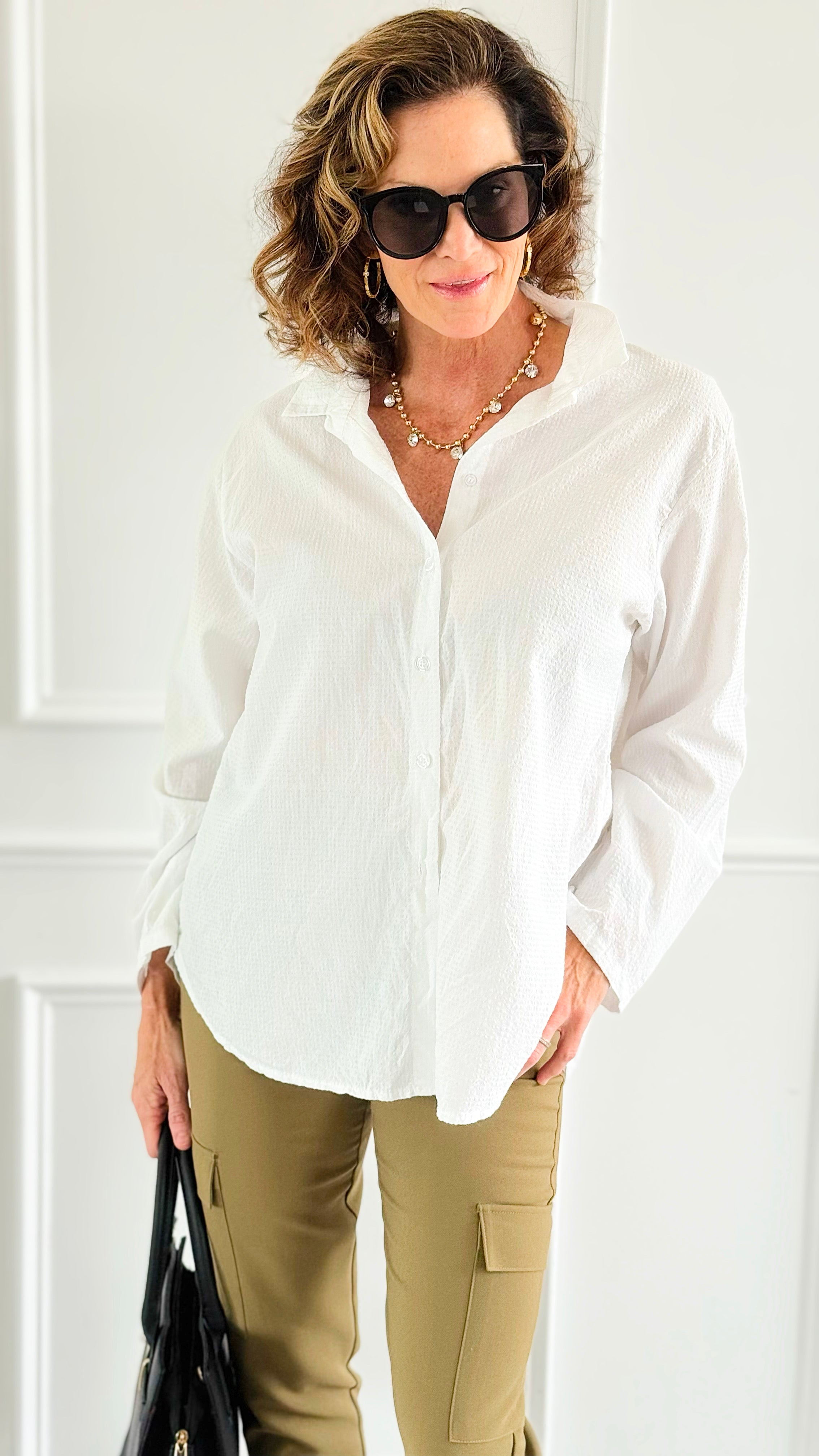 Timeless Texture Italian Button Top- White-110 Long Sleeve Tops-Italianissimo-Coastal Bloom Boutique, find the trendiest versions of the popular styles and looks Located in Indialantic, FL