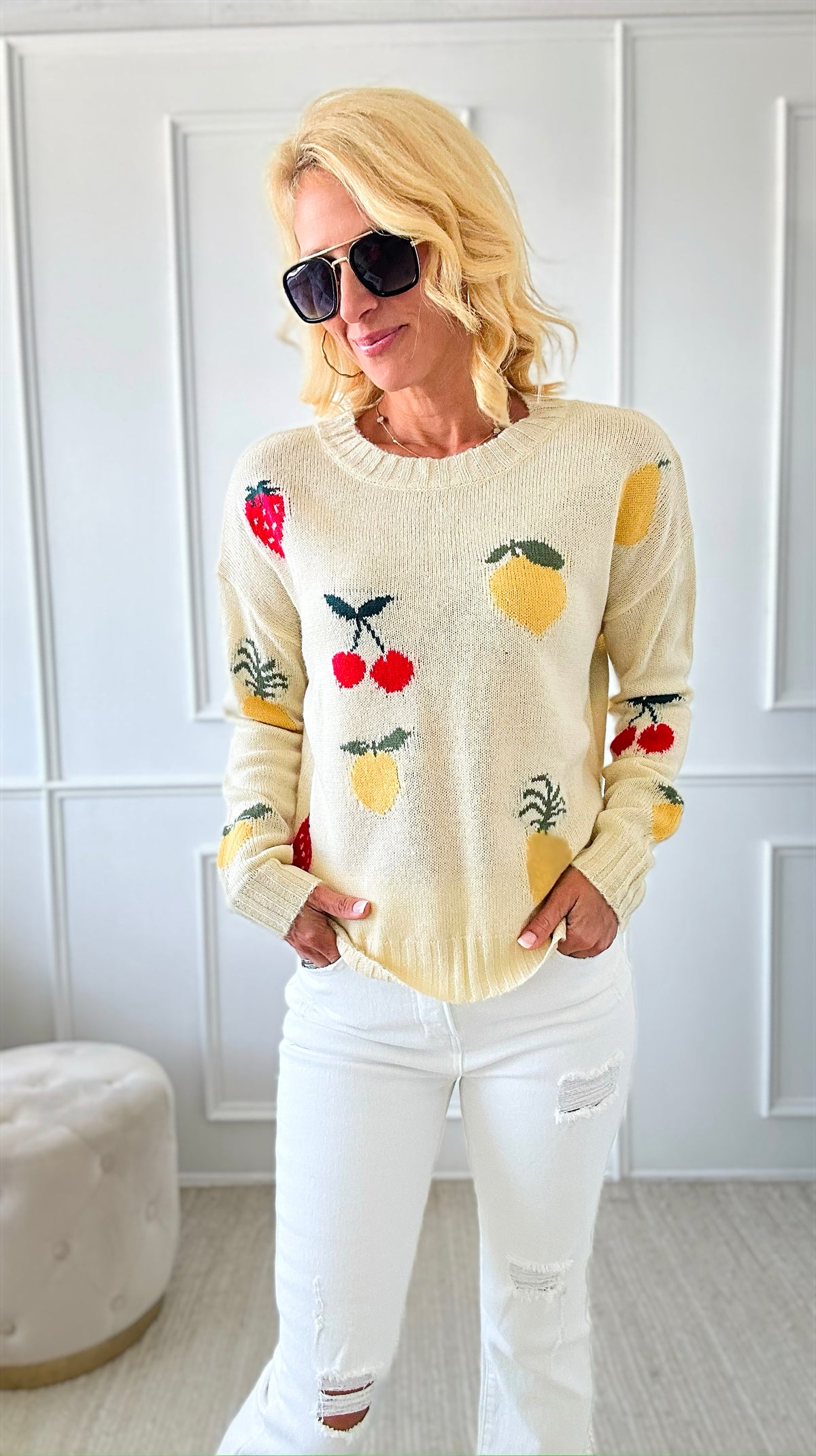 Fruit Jacquard Knitted Sweater-140 Sweaters-Kori America-Coastal Bloom Boutique, find the trendiest versions of the popular styles and looks Located in Indialantic, FL