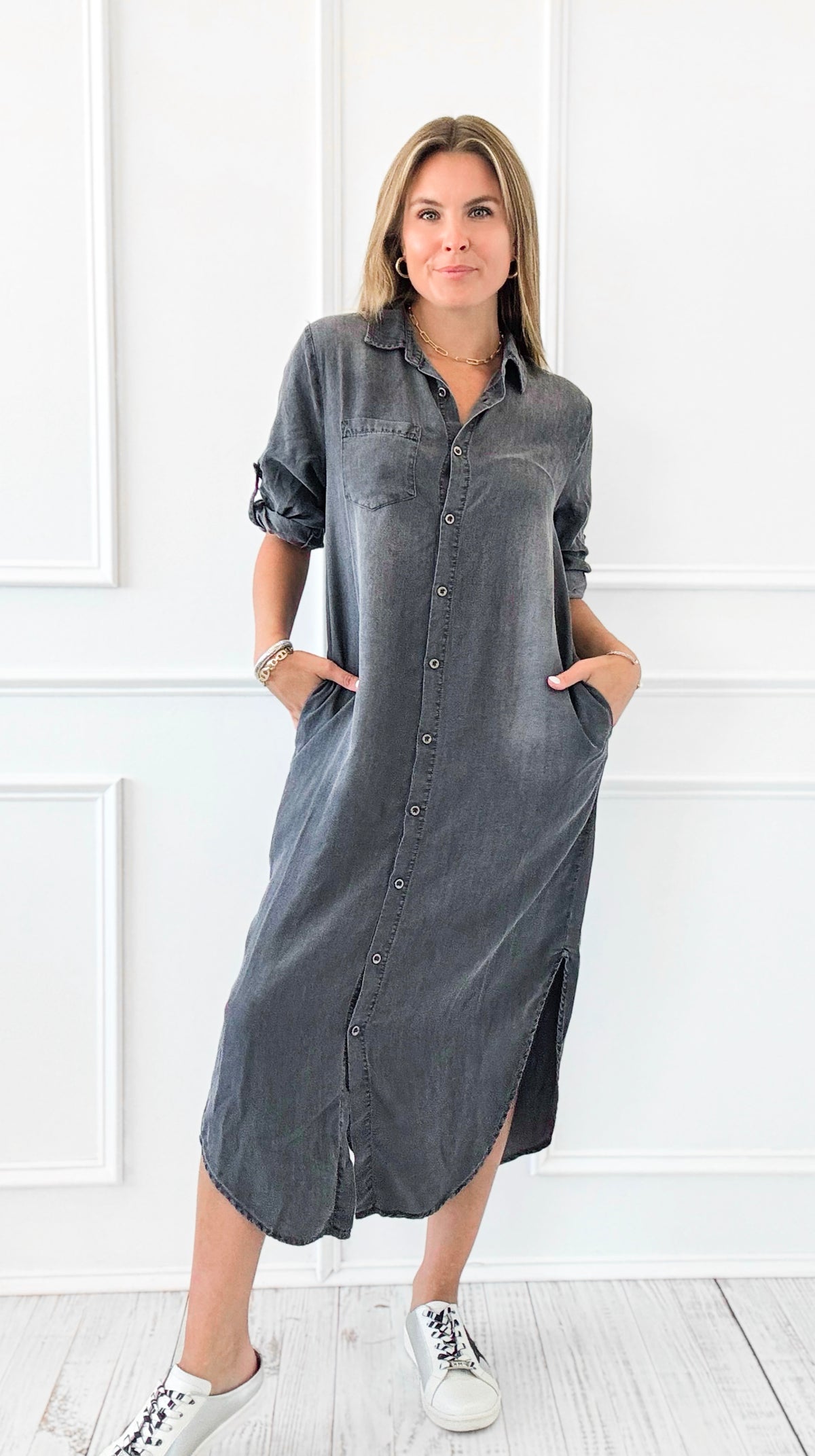 Venice Wash Button-Down Dress-200 Dresses/Jumpsuits/Rompers-DOE AND RAE-Coastal Bloom Boutique, find the trendiest versions of the popular styles and looks Located in Indialantic, FL