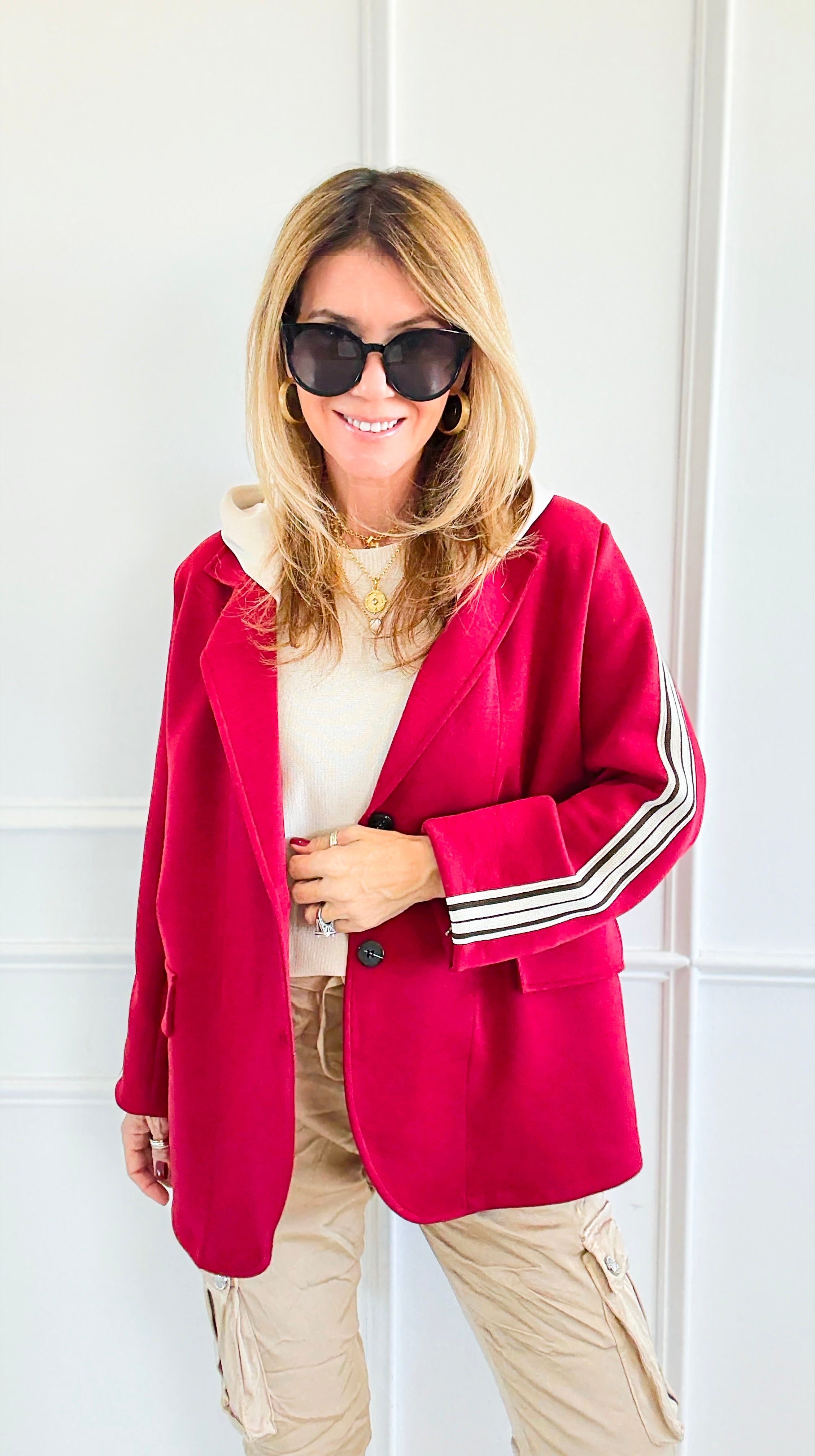 Stripes Of Power Italian Hooded Blazer- Burgundy-160 Jackets-ACQUA & LIMONE-Coastal Bloom Boutique, find the trendiest versions of the popular styles and looks Located in Indialantic, FL