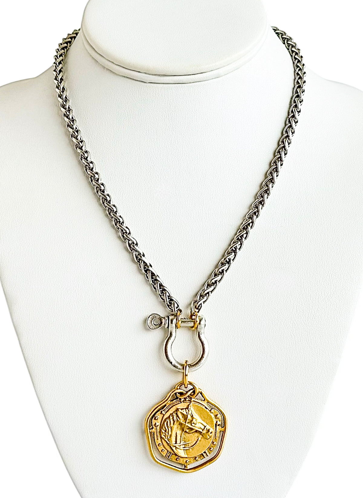 Two Tone Horsebit Charm Box Link Necklace-230 Jewelry-YOCHI-Coastal Bloom Boutique, find the trendiest versions of the popular styles and looks Located in Indialantic, FL