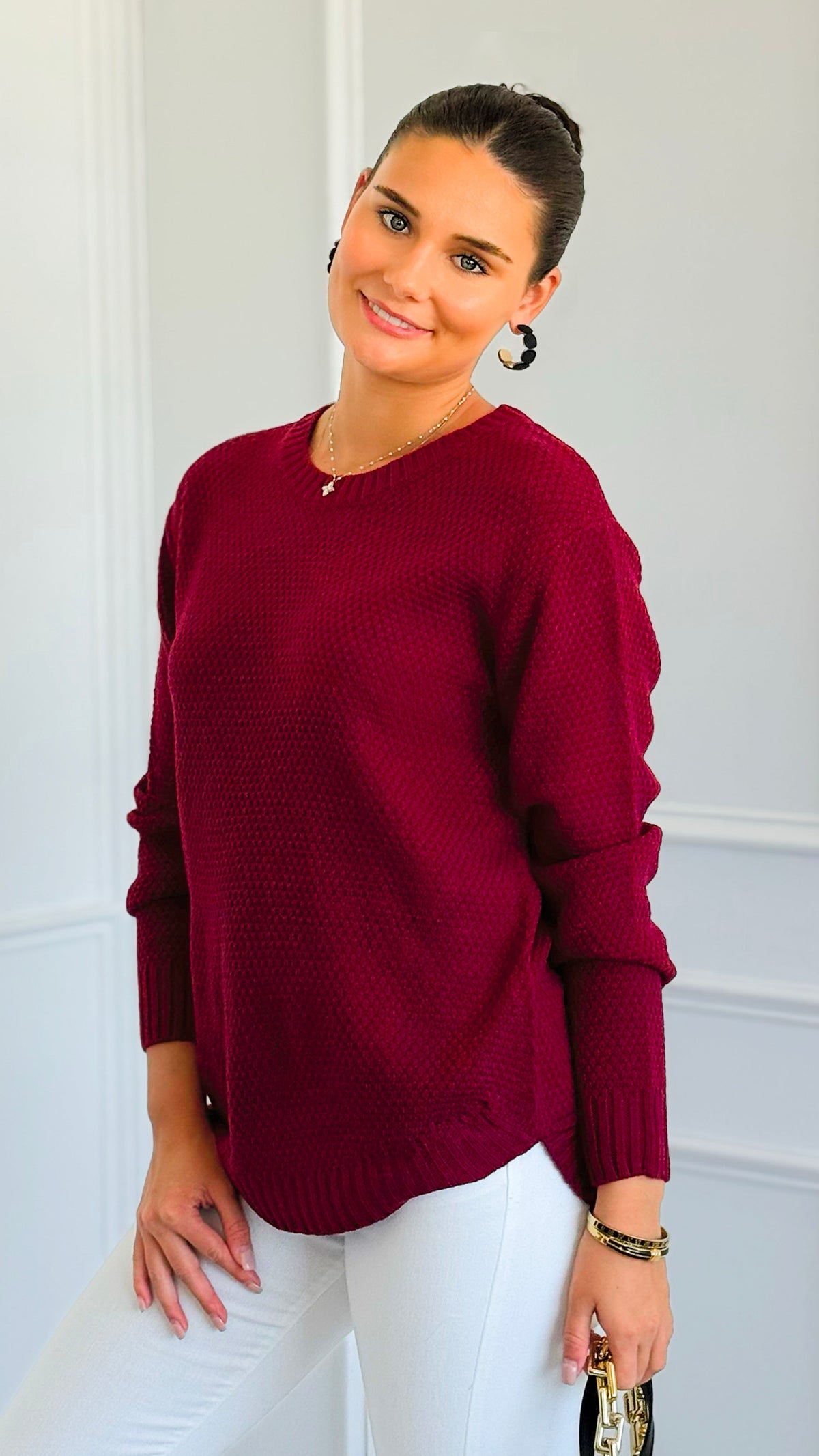 Round Neck Basic Sweater - Cabernet-140 Sweaters-Zenana-Coastal Bloom Boutique, find the trendiest versions of the popular styles and looks Located in Indialantic, FL