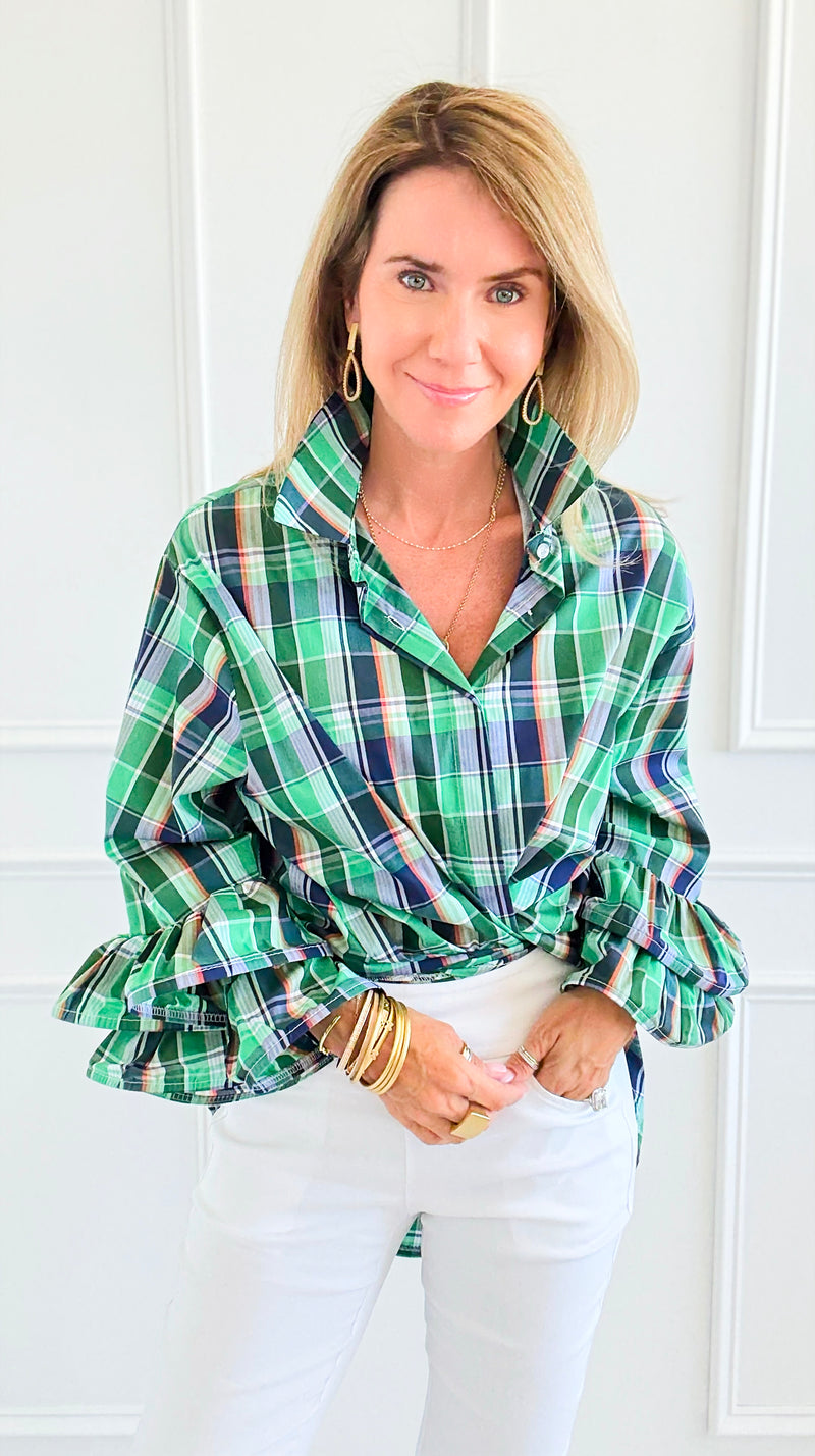 Tartan Ruffle Bell Sleeve Italian Blouse-170 Bottoms-TATTOO Z-Coastal Bloom Boutique, find the trendiest versions of the popular styles and looks Located in Indialantic, FL