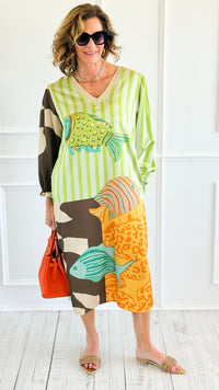 Underwater Bliss Long Sleeve Italian Dress-200 Dresses/Jumpsuits/Rompers-AMIRA-Coastal Bloom Boutique, find the trendiest versions of the popular styles and looks Located in Indialantic, FL