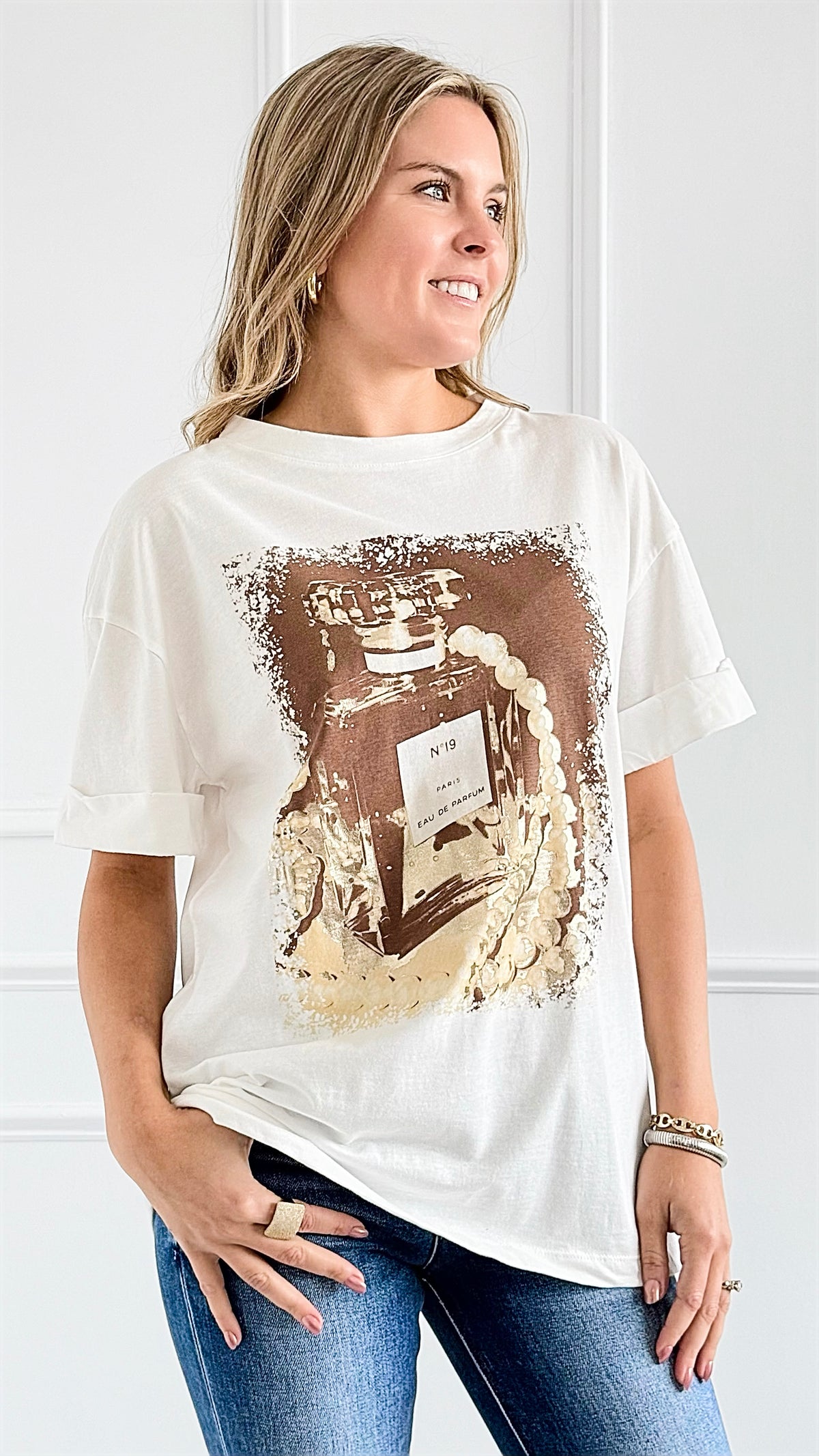 Pearls & Perfume Italian Tee-110 Short Sleeve Tops-Italianissimo-Coastal Bloom Boutique, find the trendiest versions of the popular styles and looks Located in Indialantic, FL