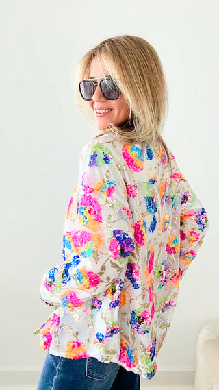 Sunny Splash Sequin Floral Button Up Blouse - White-130 Long Sleeve Tops-MAIN STRIP-Coastal Bloom Boutique, find the trendiest versions of the popular styles and looks Located in Indialantic, FL