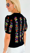 Embroidered Short-Sleeved Crew Neck Sweater - Black-140 Sweaters-BIBI-Coastal Bloom Boutique, find the trendiest versions of the popular styles and looks Located in Indialantic, FL