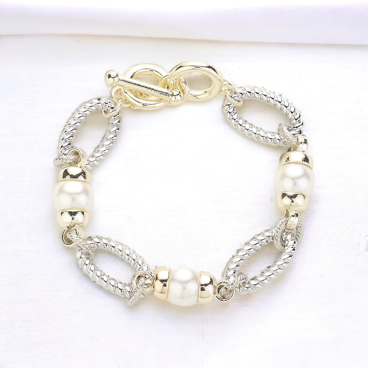 Pearl Station Two Tone Textured Metal Bracelet-230 Jewelry-Wona Trading-Coastal Bloom Boutique, find the trendiest versions of the popular styles and looks Located in Indialantic, FL