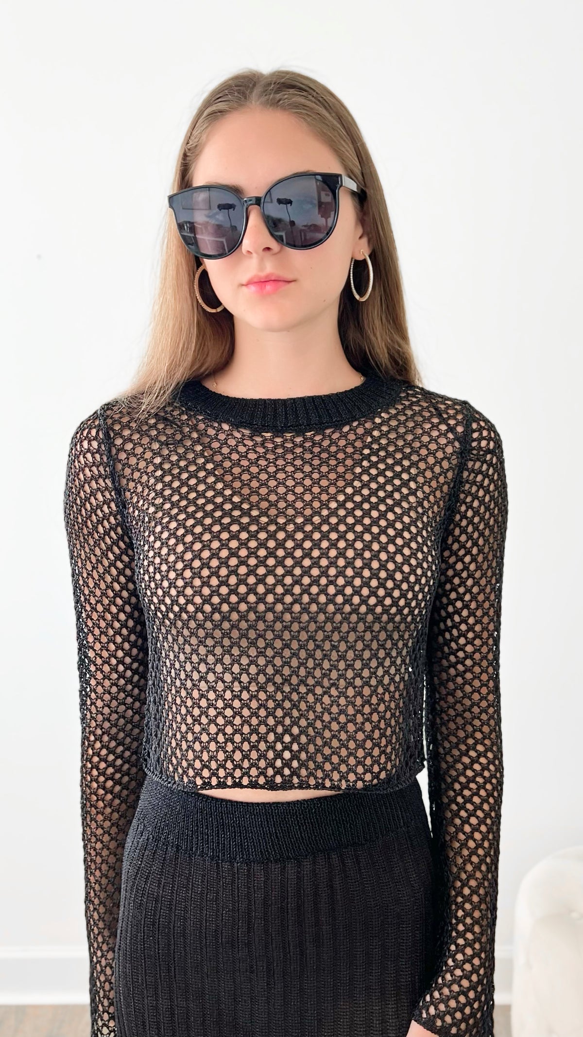Metallic Knit Crop Top - Black-130 Long Sleeve Tops-MISS LOVE-Coastal Bloom Boutique, find the trendiest versions of the popular styles and looks Located in Indialantic, FL
