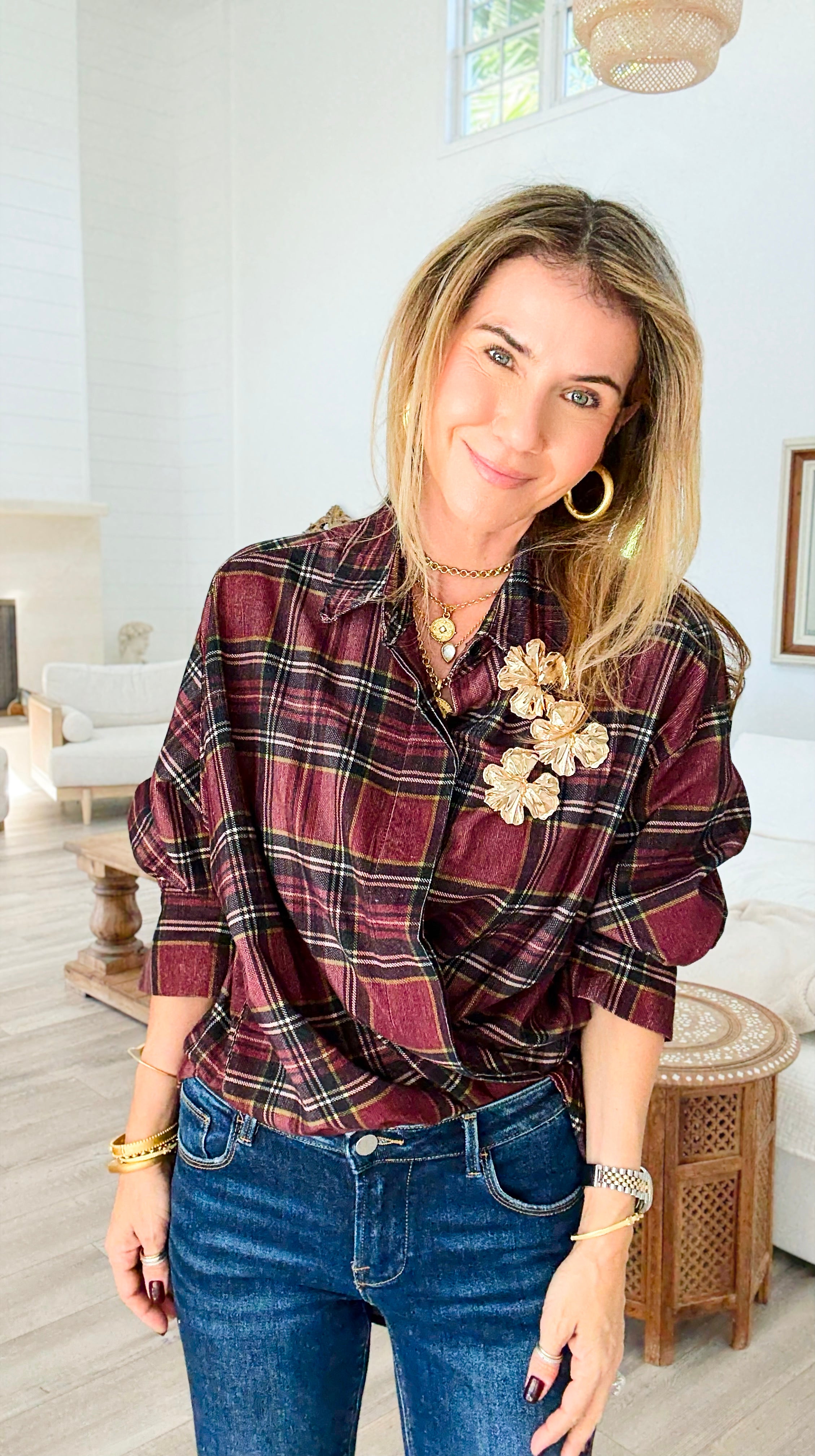 Plaid Petals Corduroy Italian Blouse