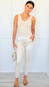 Shine-On Glistening Italian Joggers - White/Gold-180 Joggers-Italianissimo-Coastal Bloom Boutique, find the trendiest versions of the popular styles and looks Located in Indialantic, FL
