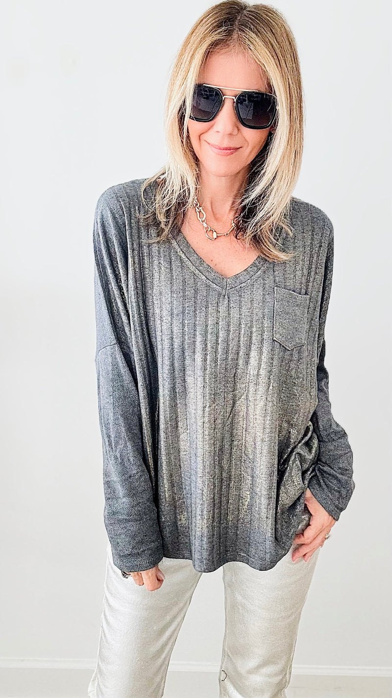 Shimmer and Shine V-Neck Italian Ribbed Pullover - Grey-140 Sweaters-Germany-Coastal Bloom Boutique, find the trendiest versions of the popular styles and looks Located in Indialantic, FL