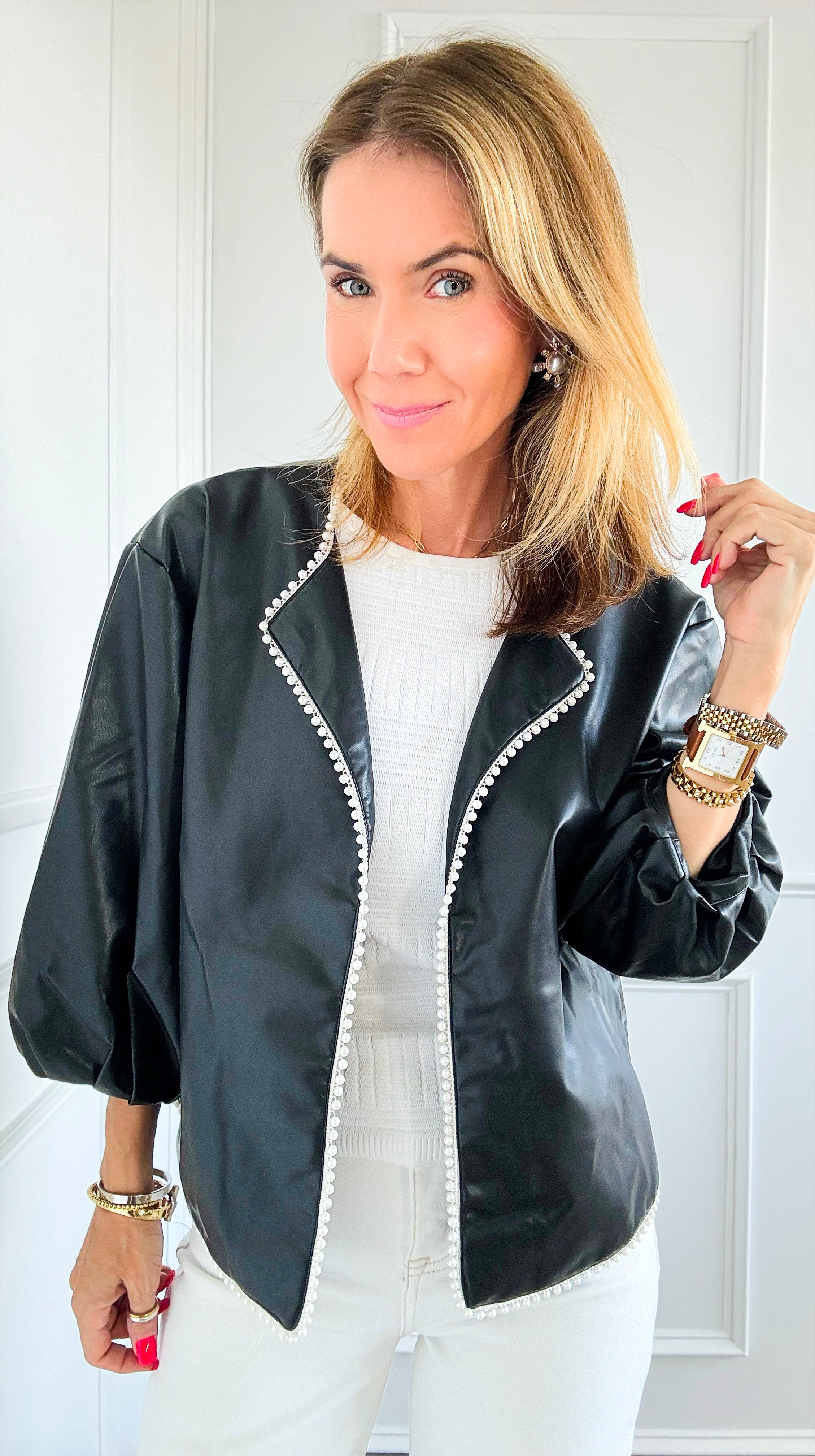 Pearl Detailed Open Front Jacket-Black-160 Jackets-Joh Apparel-Coastal Bloom Boutique, find the trendiest versions of the popular styles and looks Located in Indialantic, FL