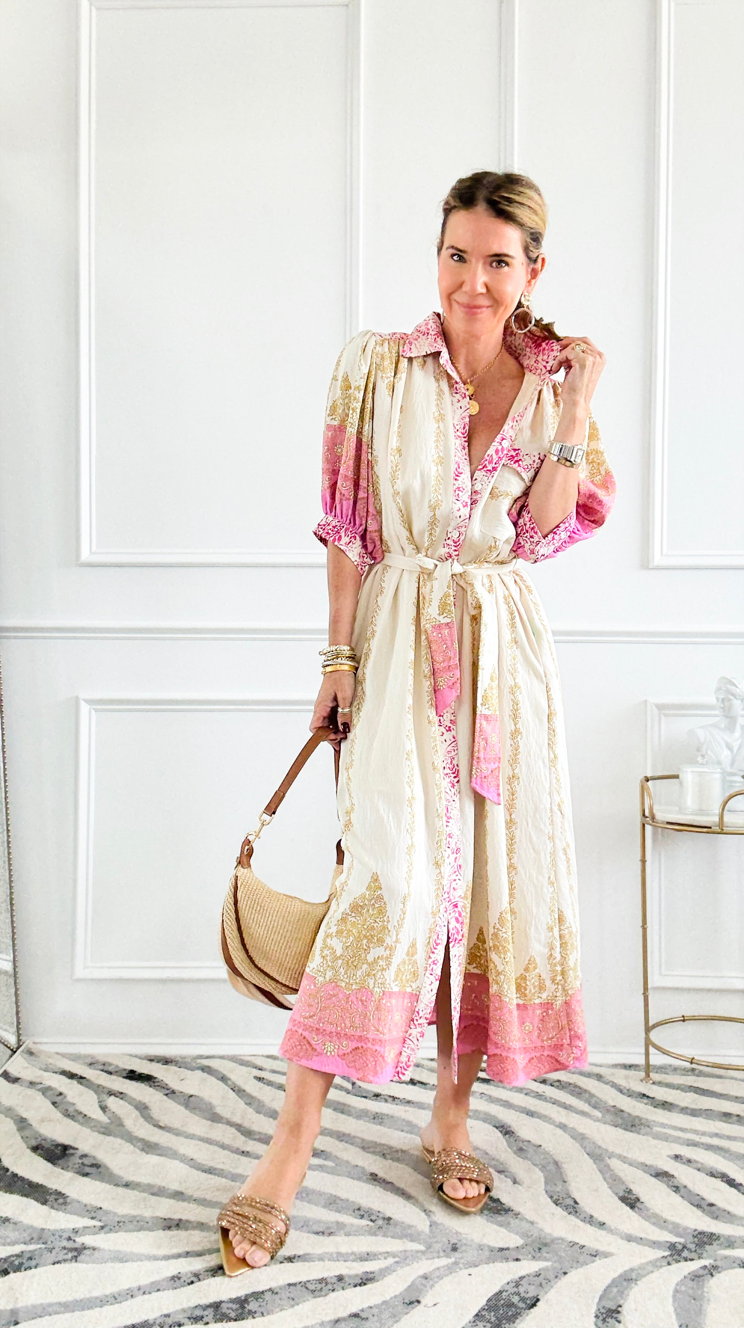 Baroque Border Belted Midi Dress