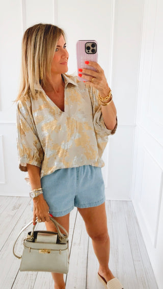 Metallic Puff Sleeve Top - Pearl