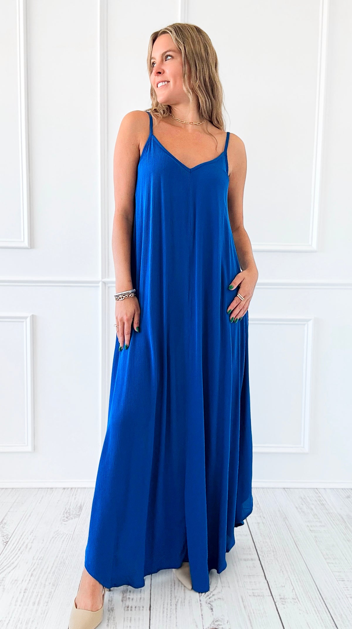 Sun Dancer Flow Dress - Classic Blue-200 Dresses/Jumpsuits/Rompers-Zenana-Coastal Bloom Boutique, find the trendiest versions of the popular styles and looks Located in Indialantic, FL