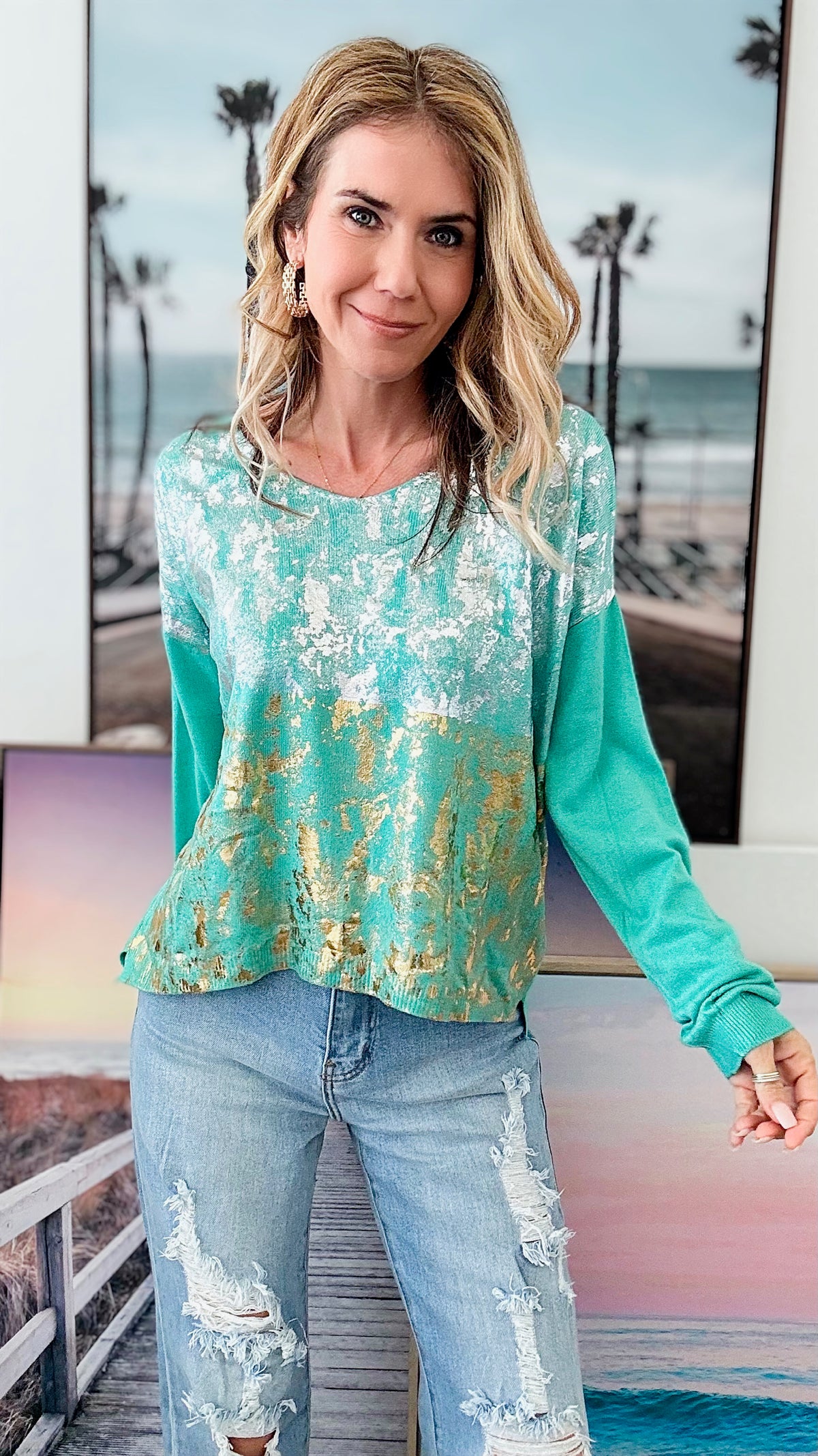 Gold and Silver Foil Italian Sweater - Aqua-140 Sweaters-Look Mode-Coastal Bloom Boutique, find the trendiest versions of the popular styles and looks Located in Indialantic, FL