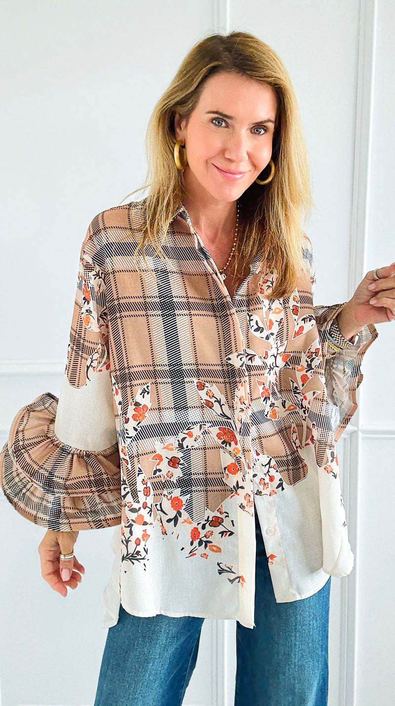 Garden Plaid Ruffle Bell Sleeve Italian Blouse-130 Long sleeve top-Italianissimo-Coastal Bloom Boutique, find the trendiest versions of the popular styles and looks Located in Indialantic, FL