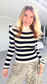 Long Sleeve Ribbed Stripe Sweater - Ivory/Black-140 Sweaters-Active Basic-Coastal Bloom Boutique, find the trendiest versions of the popular styles and looks Located in Indialantic, FL