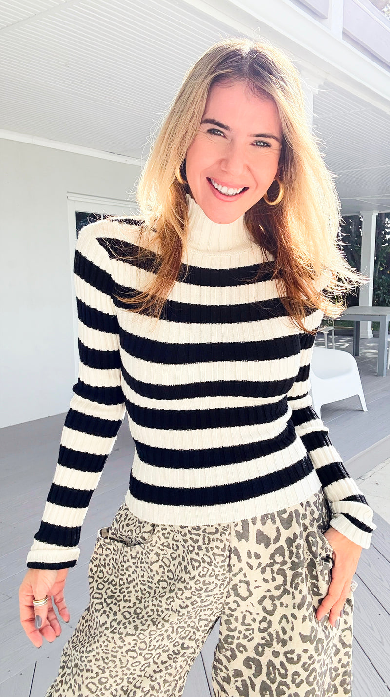 Long Sleeve Ribbed Stripe Sweater - Ivory/Black-140 Sweaters-Active Basic-Coastal Bloom Boutique, find the trendiest versions of the popular styles and looks Located in Indialantic, FL
