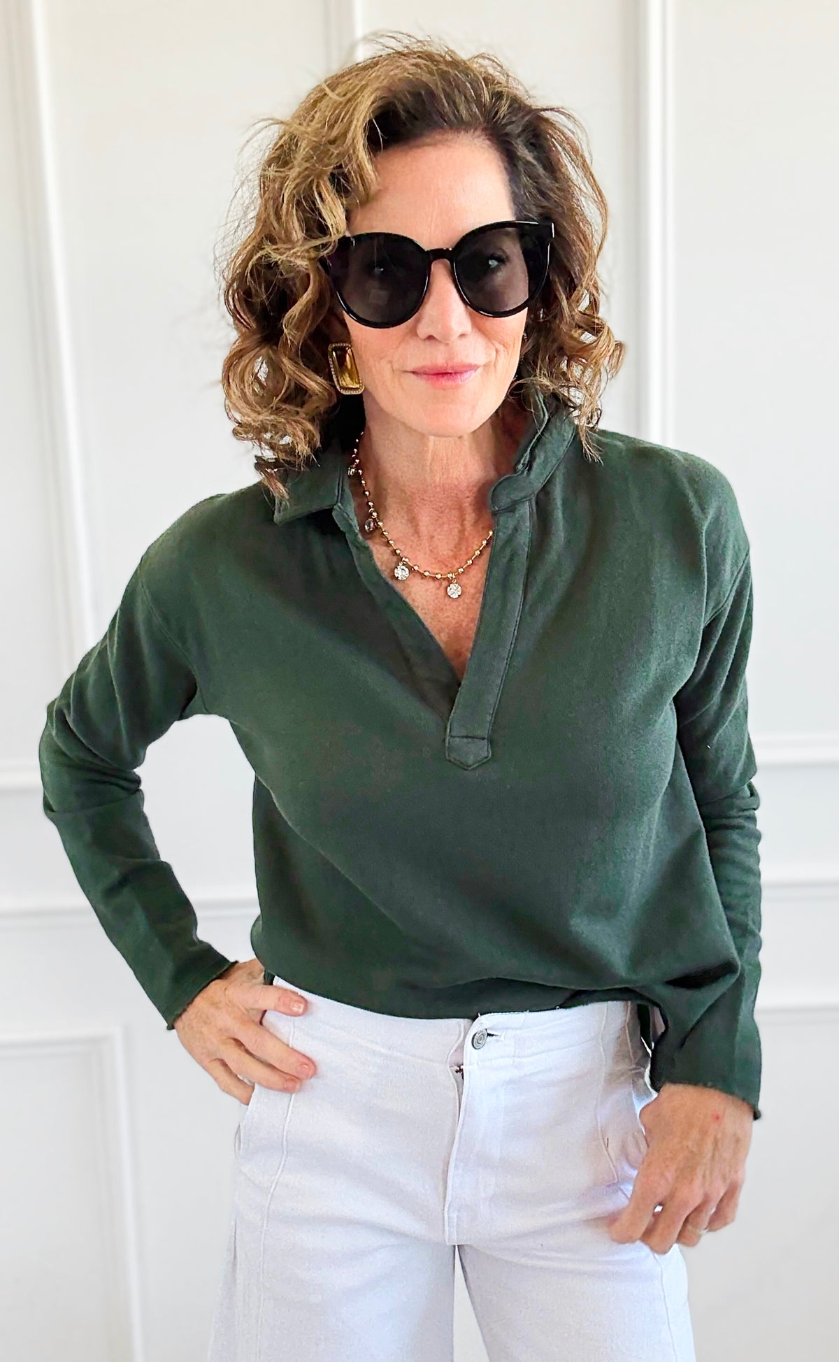 Eileen Cozy Lounge Collar Pullover Top - Deep Forest-110 Long Sleeve Tops-Mono B-Coastal Bloom Boutique, find the trendiest versions of the popular styles and looks Located in Indialantic, FL