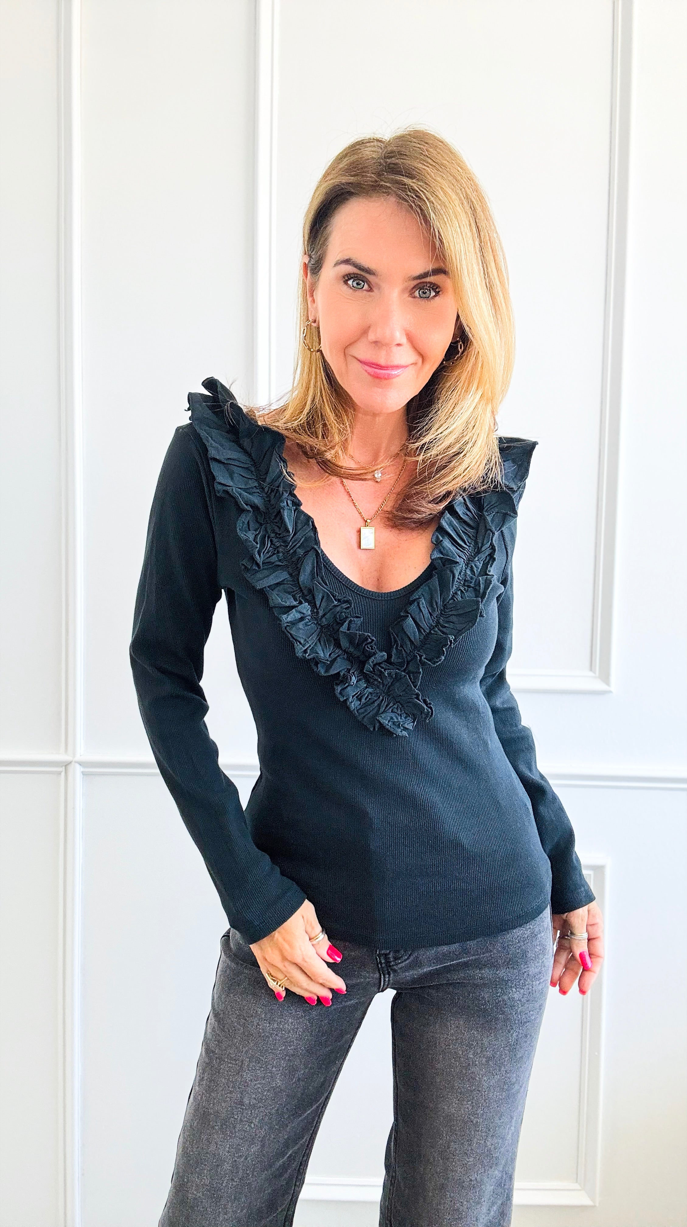 Whimsical Ruffle Italian Pullover- Black-100 Sleeveless Tops-Italianissimo-Coastal Bloom Boutique, find the trendiest versions of the popular styles and looks Located in Indialantic, FL