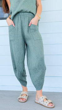 La Spezia Barrel Linen Italian Pant- Olive
