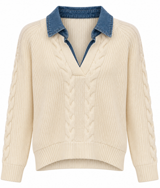 Washed Denim Collared Sweater Top - Cream