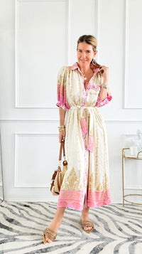 Baroque Border Belted Midi Dress