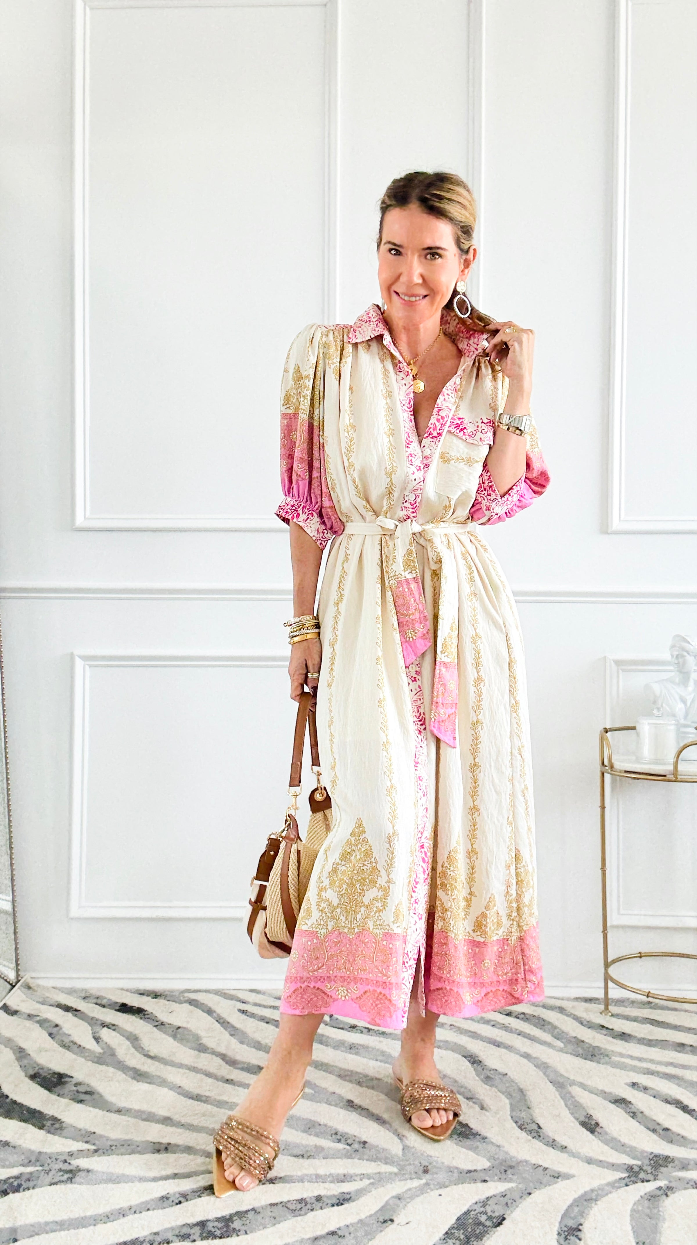 Baroque Border Belted Midi Dress