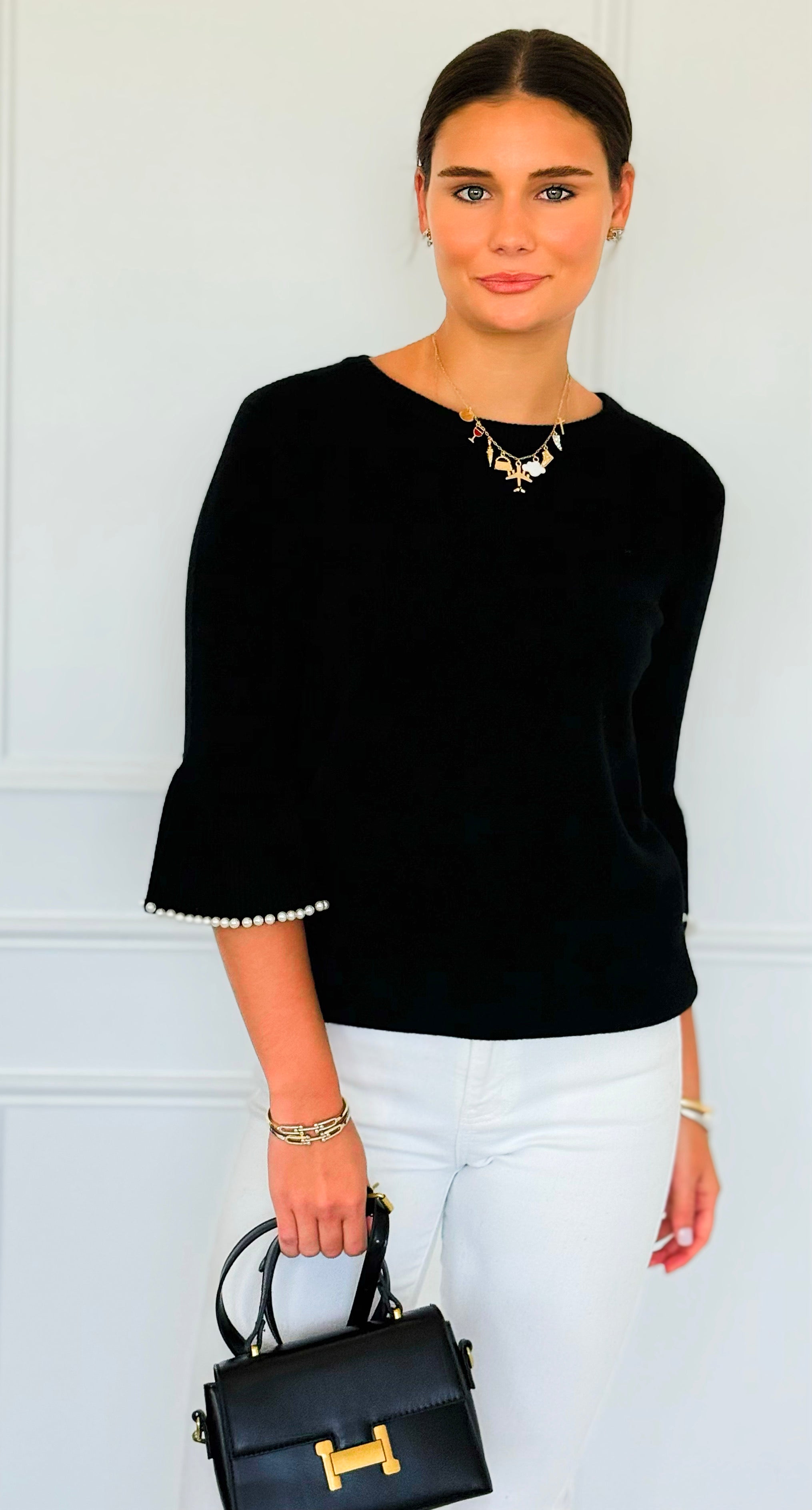 Pearl Detail Bell Sleeve Italian Top- Black-140 Sweaters-Italianissimo-Coastal Bloom Boutique, find the trendiest versions of the popular styles and looks Located in Indialantic, FL