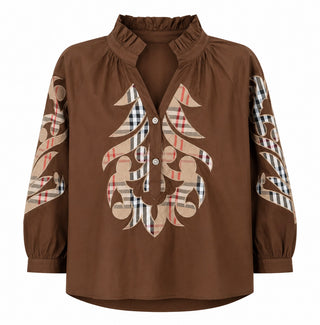 Plaid Appliqué Ruffle Neck Blouse Top - Brown