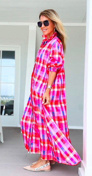 Sweet Check Italian Button Long Dress