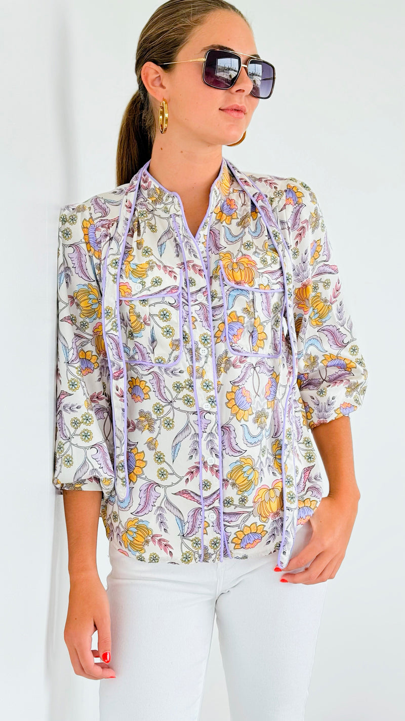 Floral Print Bow Detailed Blouse-130 Long Sleeve Tops-Fate By LFD-Coastal Bloom Boutique, find the trendiest versions of the popular styles and looks Located in Indialantic, FL