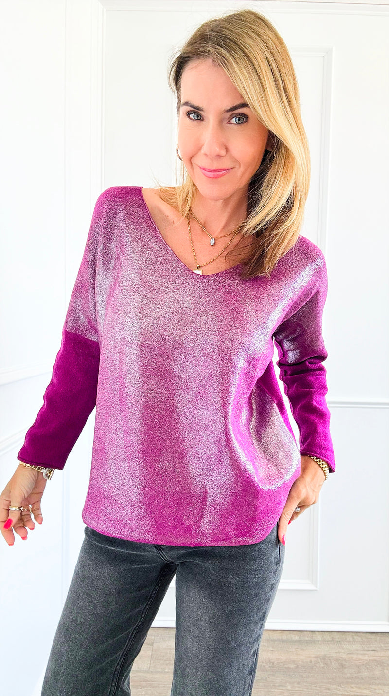 Silver Shine V-Neck Italian Pullover - Magenta-130 Long sleeve top-Italianissimo-Coastal Bloom Boutique, find the trendiest versions of the popular styles and looks Located in Indialantic, FL