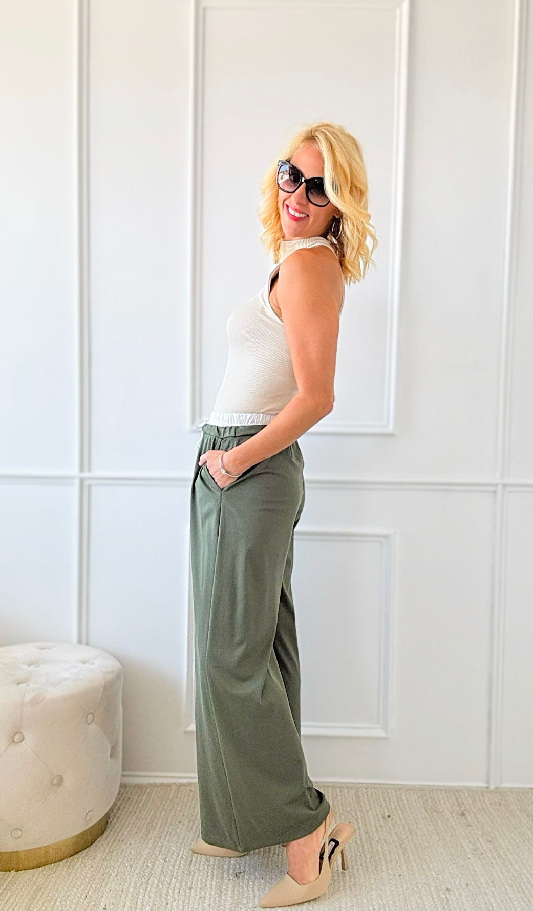 Doppio Italian Statement Palazzos - Olive-pants-Italianissimo-Coastal Bloom Boutique, find the trendiest versions of the popular styles and looks Located in Indialantic, FL
