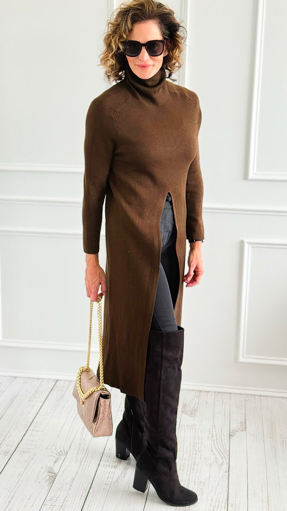 Chic Long Split Italian Sweater - Brown-150 Cardigans/Layers-Italianissimo/Z Studio-Coastal Bloom Boutique, find the trendiest versions of the popular styles and looks Located in Indialantic, FL