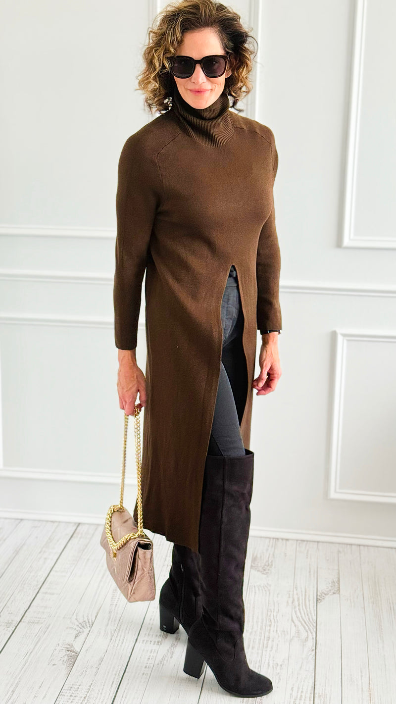 Chic Long Split Italian Sweater - Brown-150 Cardigans/Layers-Italianissimo/Z Studio-Coastal Bloom Boutique, find the trendiest versions of the popular styles and looks Located in Indialantic, FL