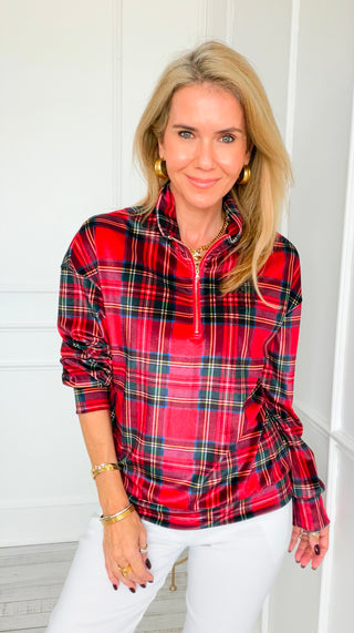 The Plaid Edit Quarter Zip Italian Top- Red